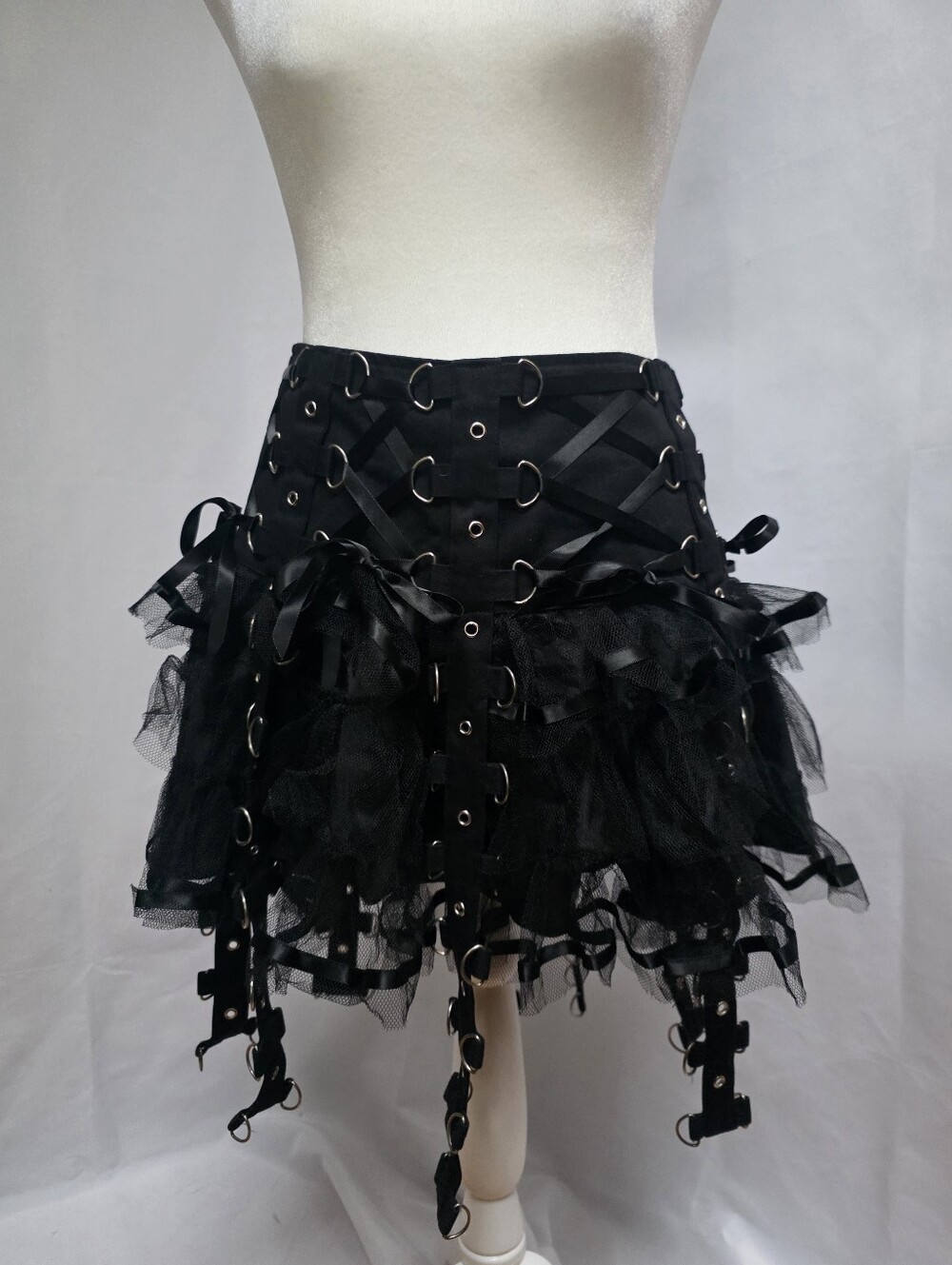 Hell Bunny Black Goth Punk D Ring Tulle Mini Skirt Ribbon Lace Up Size M
